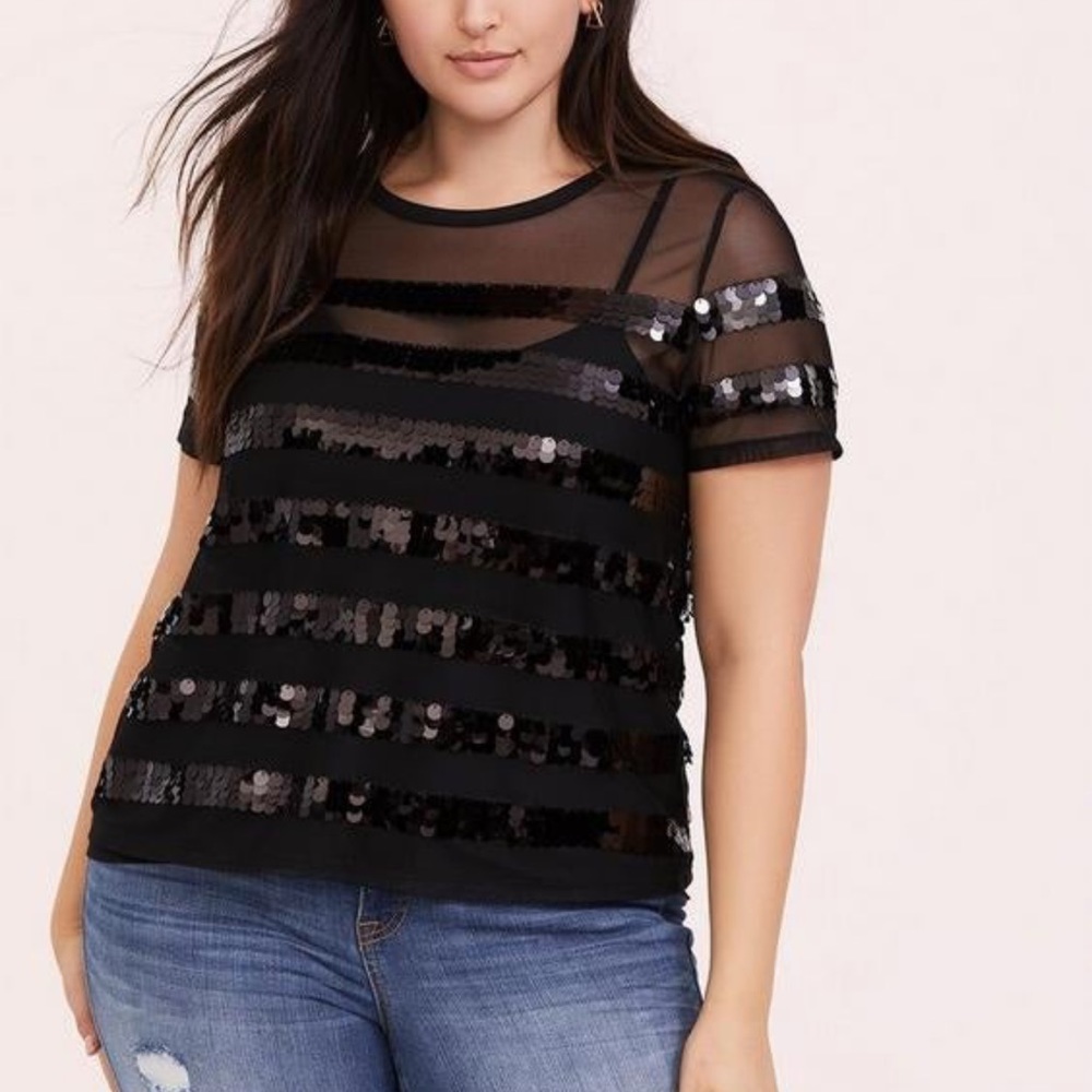 Sheer Mesh Stripe Sequin Crew Neck Tee